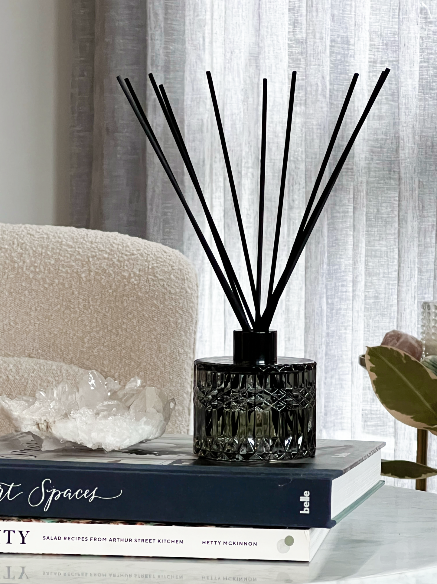 Smokey green diffuser with black reeds